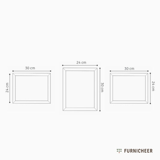 Line drawing of a set of 3 large wooden frames with corresponding dimensions