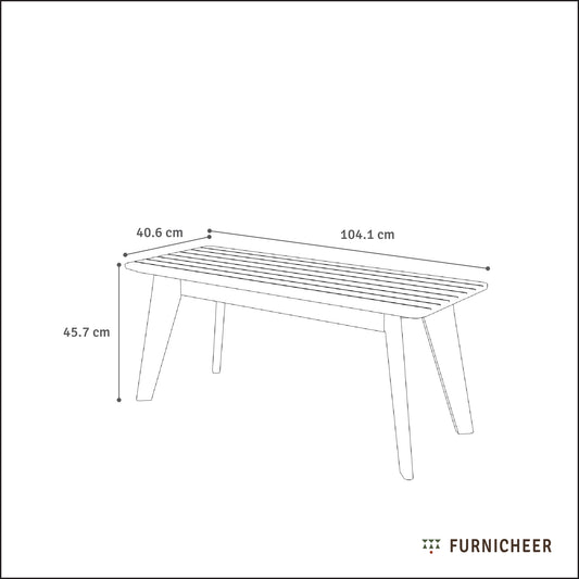 A line drawing of a solid wood two-seater bench with the dimensions, height 45.7cm, width 104.1cm, depth 40.6cm