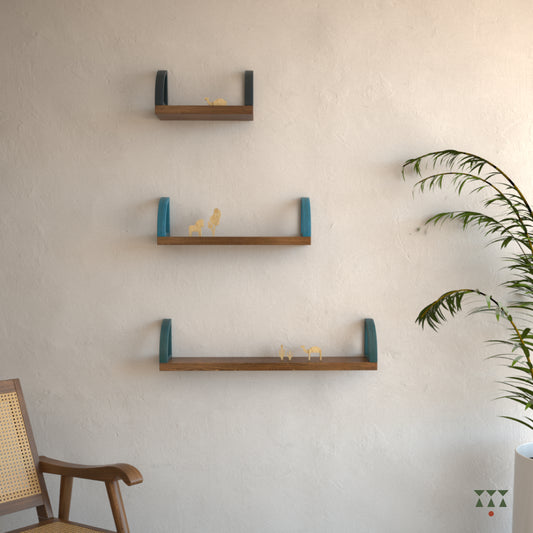 Set of 3 large display shelves of various sizes tinted in Mocha brown with Lagoon Blue, Deep Blue & Cobalt Blue accents