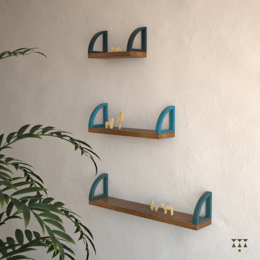 Set of 3 large display shelves of various sizes tinted in Mocha brown with Lagoon Blue, Deep Blue & Cobalt Blue accents