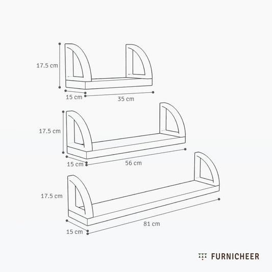 Line drawing of a set of 3 large display shelves of various sizes with dimensions