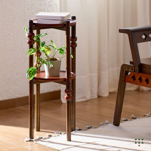 A circular, layered solid wood end table with turned legs, tinted in Mocha Brown with Saffron Orange & Mustard Yellow accents