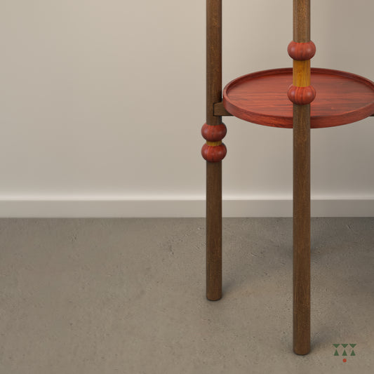 A circular, layered solid wood end table with turned legs, tinted in Mocha Brown with Saffron Orange & Mustard Yellow accents