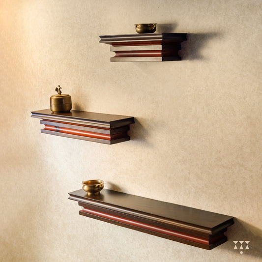Set of 3 large, layered console shelves in various sizes tinted in Mocha Brown with a Saffron Orange accent