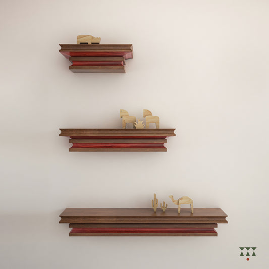 Set of 3 large, layered console shelves in various sizes tinted in Mocha Brown with a Saffron Orange accent