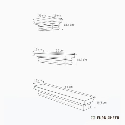 Line drawing of a set of 3 layered console shelves of various sizes with dimensions