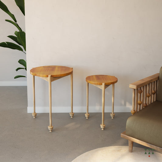 Set of 2 solid wood accent tables with a circular top and 3 turned legs, tinted in a Sand Brown with Mustard Yellow accent