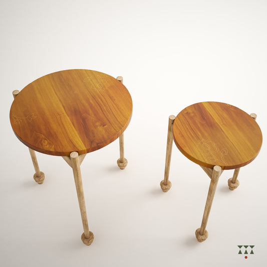 Set of 2 solid wood accent tables with a circular top and 3 turned legs, tinted in a Sand Brown with Mustard Yellow accent