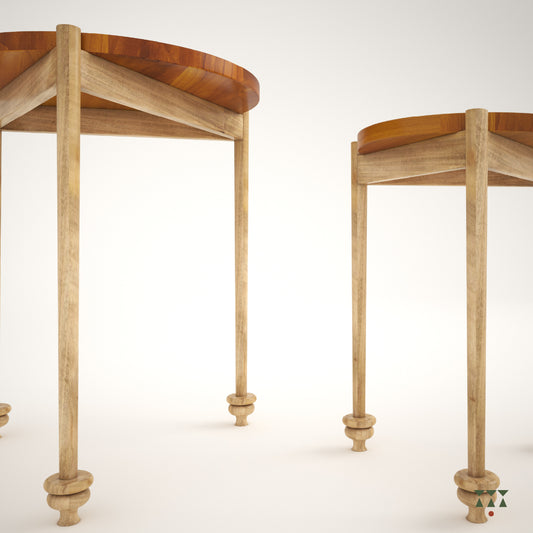 Set of 2 solid wood accent tables with a circular top and 3 turned legs, tinted in a Sand Brown with Mustard Yellow accent