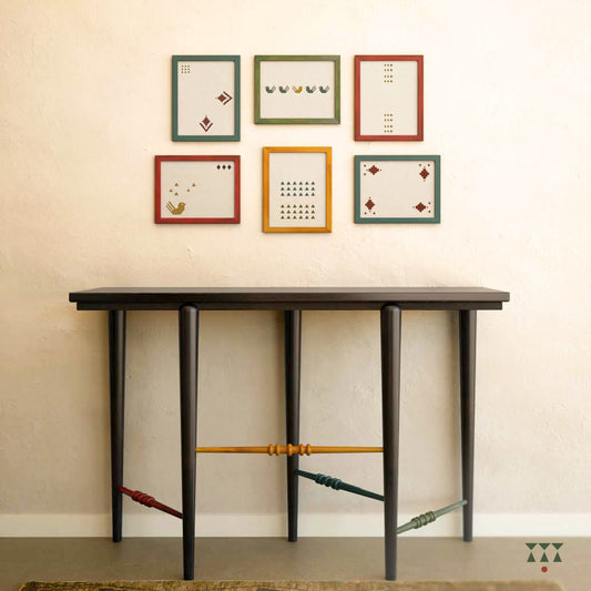 Wooden entryway table, with playful legs in Slate Black with Mustard Yellow, Moringa Green, Lagoon Blue & Beet Red accents