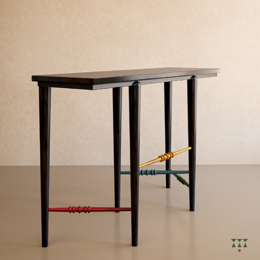 Wooden entryway table, with playful legs in Slate Black with Mustard Yellow, Moringa Green, Lagoon Blue & Beet Red accents