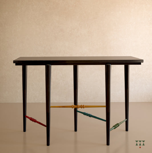 Wooden entryway table, with playful legs in Slate Black with Mustard Yellow, Moringa Green, Lagoon Blue & Beet Red accents