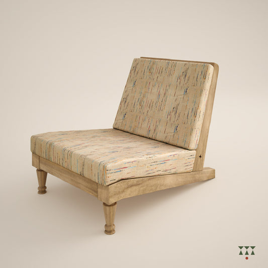 A solid wood lounge chair with a multicolored beige silk upholstery, tinted in sand brown