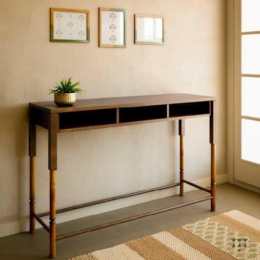 A statement console table with clean lines and storage tinted in Mocha Brown with a Mustard Yellow accent