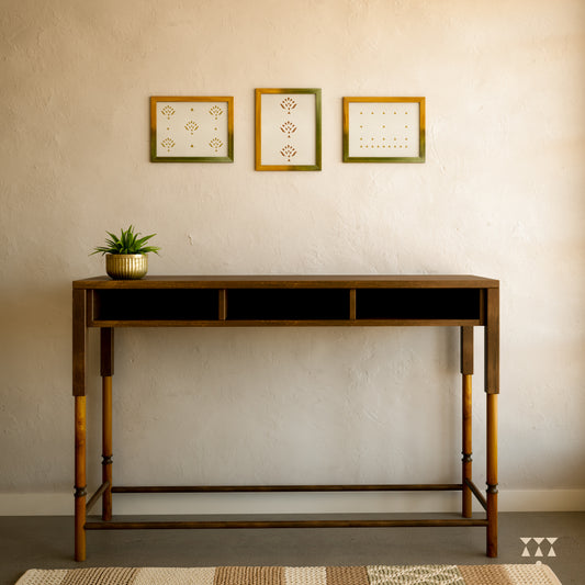 A statement console table with clean lines and storage tinted in Mocha Brown with a Mustard Yellow accent