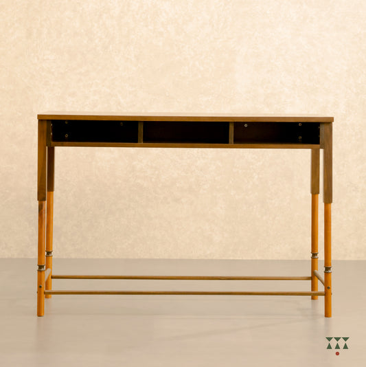 A statement console table with clean lines and storage tinted in Mocha Brown with a Mustard Yellow accent