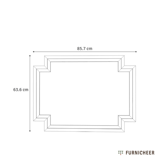 Line drawing of a large, solid wood wall mirror with unique inverse edges and dimensions 85.7cm x 63.6cm