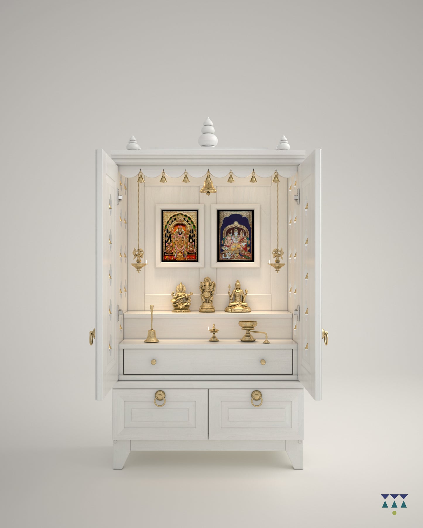 OMKARA - Solid Wood Handcrafted Free-Standing Temple for Home with Door in White PU Finish Accessorized with Brass Bells & Brass Lamps