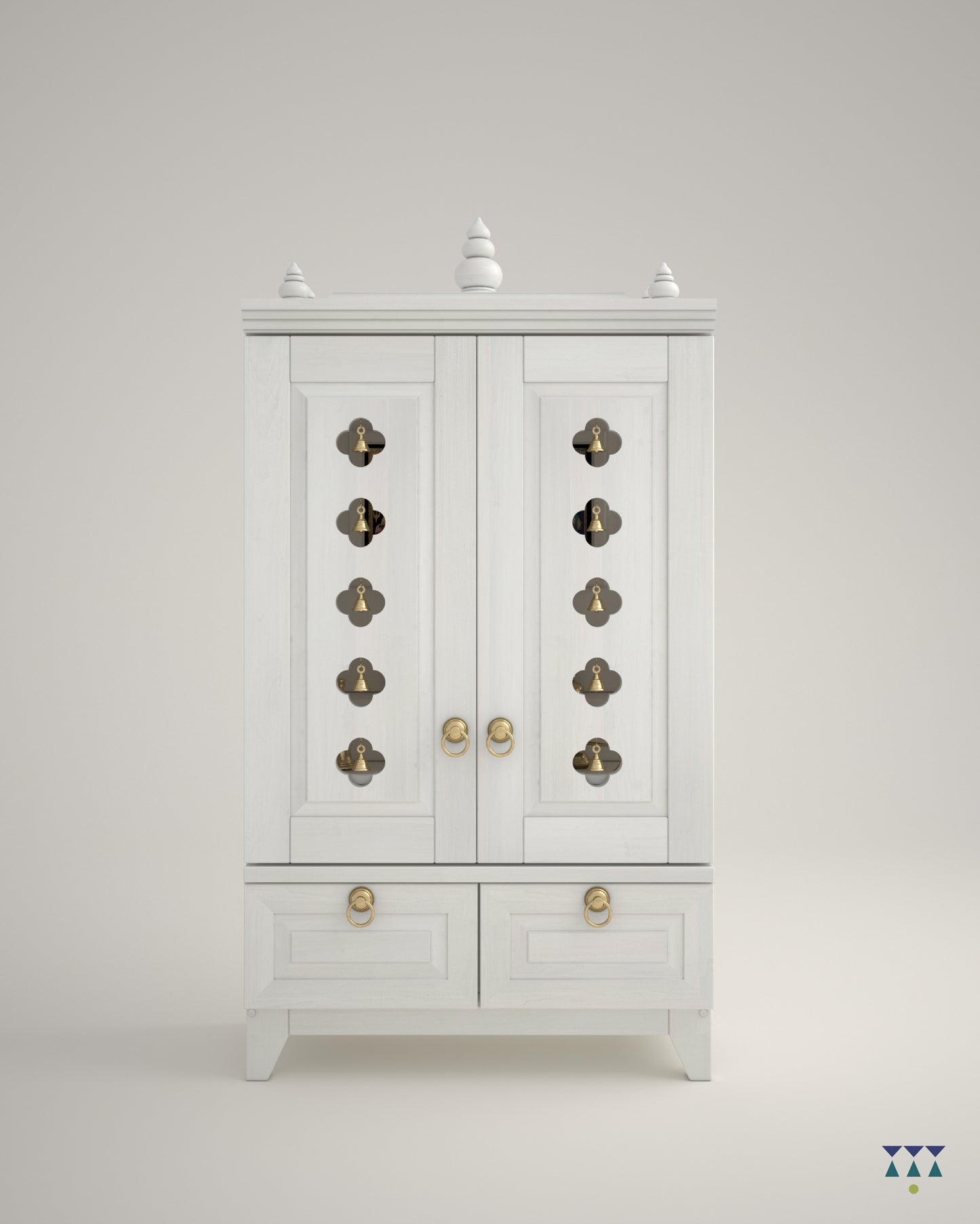 OMKARA - Solid Wood Handcrafted Free-Standing Temple for Home with Door in White PU Finish Accessorized with Brass Bells & Brass Lamps
