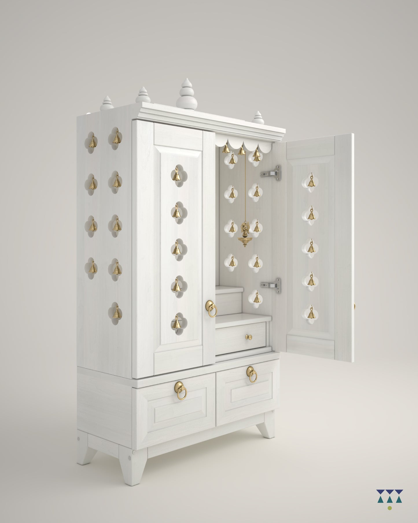 OMKARA - Solid Wood Handcrafted Free-Standing Temple for Home with Door in White PU Finish Accessorized with Brass Bells & Brass Lamps