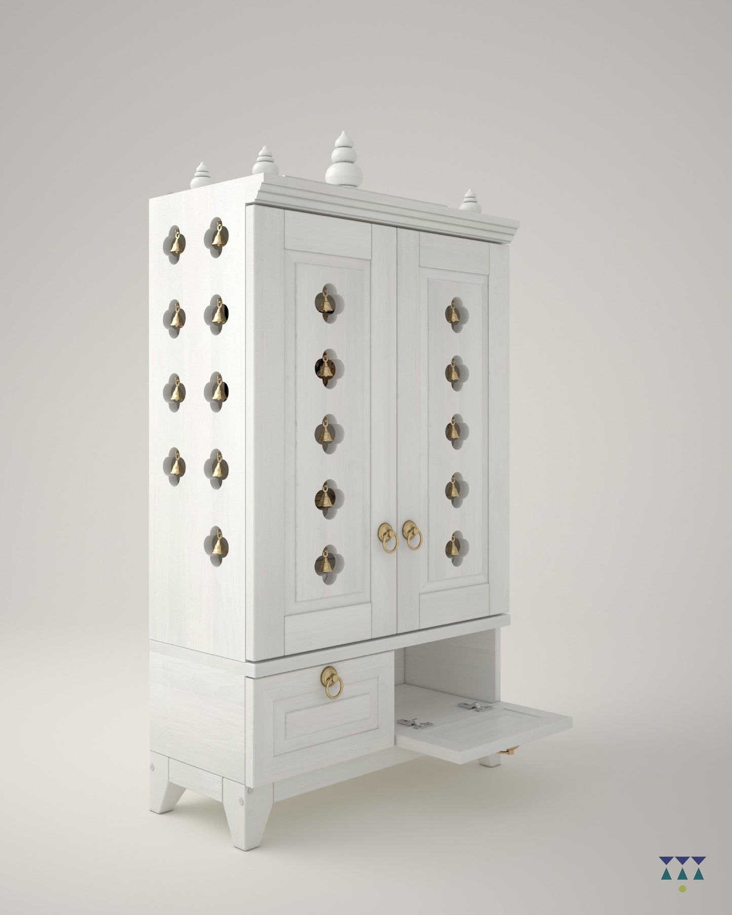 OMKARA - Solid Wood Handcrafted Free-Standing Temple for Home with Door in White PU Finish Accessorized with Brass Bells & Brass Lamps