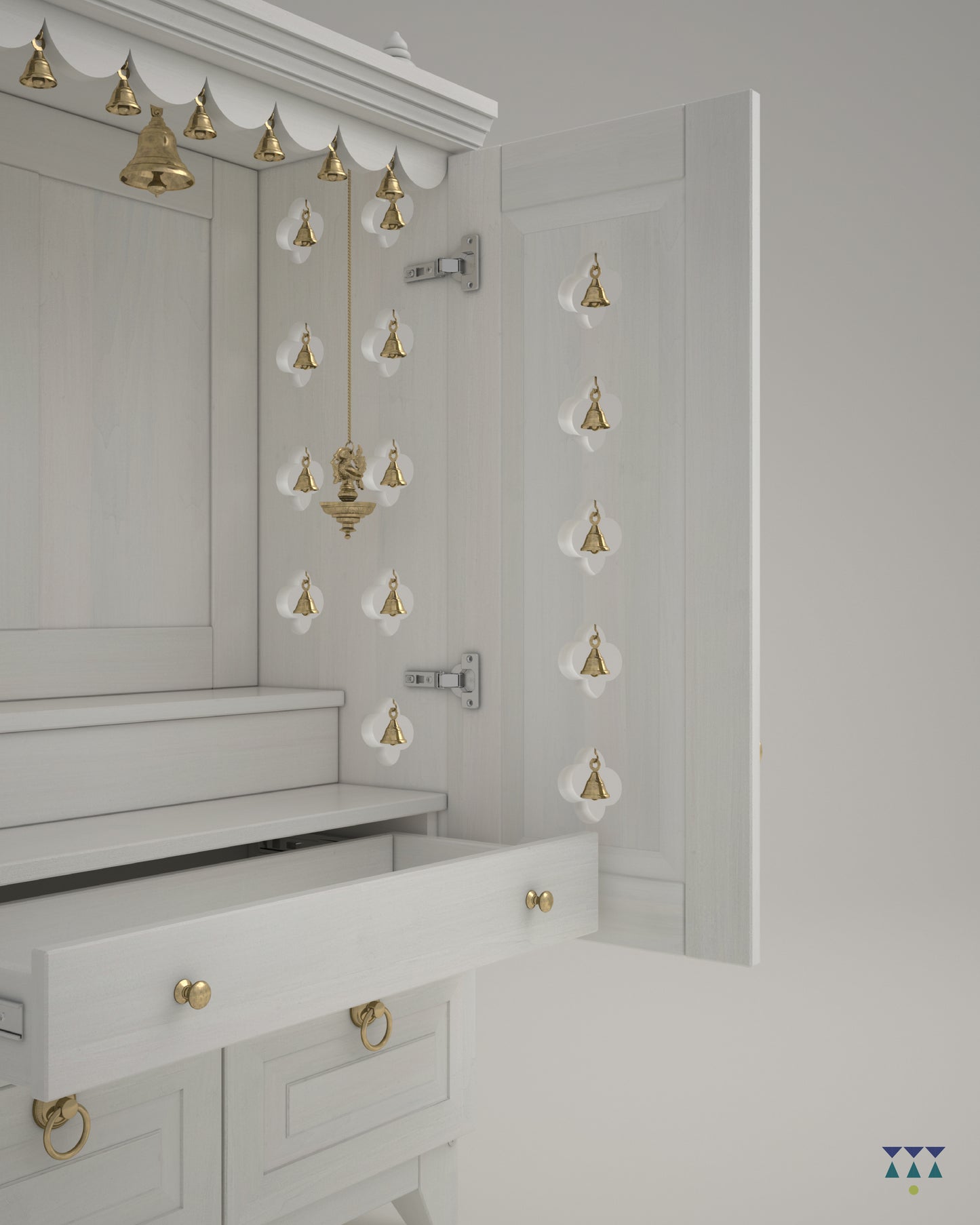 OMKARA - Solid Wood Handcrafted Free-Standing Temple for Home with Door in White PU Finish Accessorized with Brass Bells & Brass Lamps