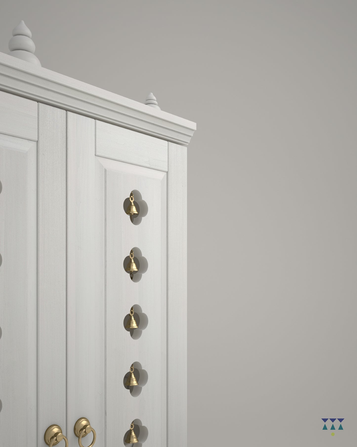 OMKARA - Solid Wood Handcrafted Free-Standing Temple for Home with Door in White PU Finish Accessorized with Brass Bells & Brass Lamps