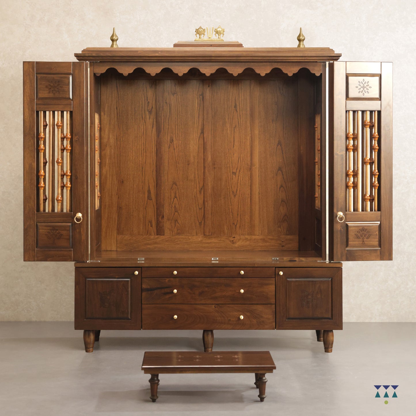 The Soul Nook - Pooja room with traditional mandap and accent furniture | Handcrafted Solidwood Puja mandir | Indian Prayer temple for home