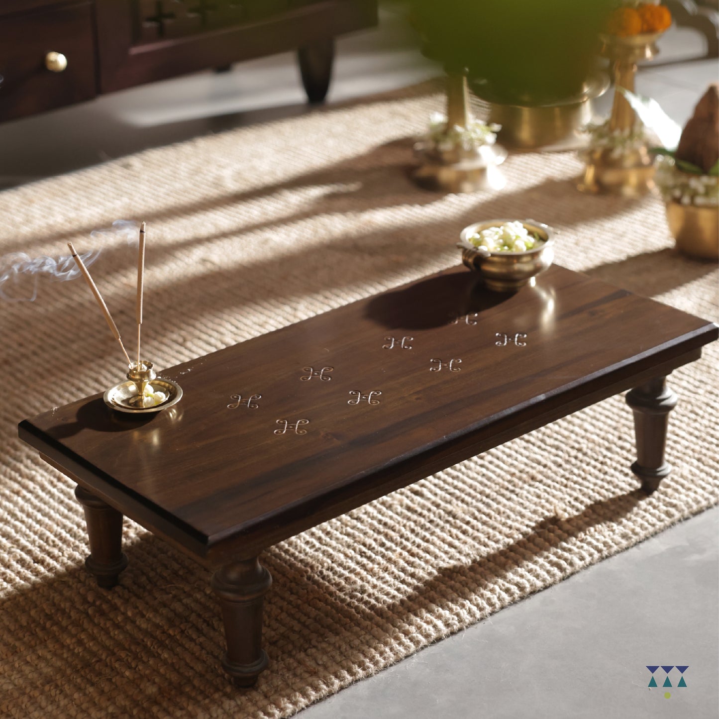 The Soul Nook - Pooja room with traditional mandap and accent furniture | Handcrafted Solidwood Puja mandir | Indian Prayer temple for home