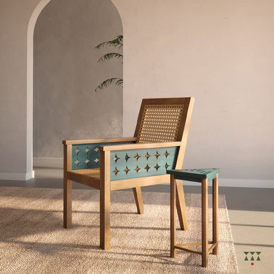 Solid wood armchair with a woven back and seat, and the body tinted in sand brown with the cutwork armrest in a lagoon blue