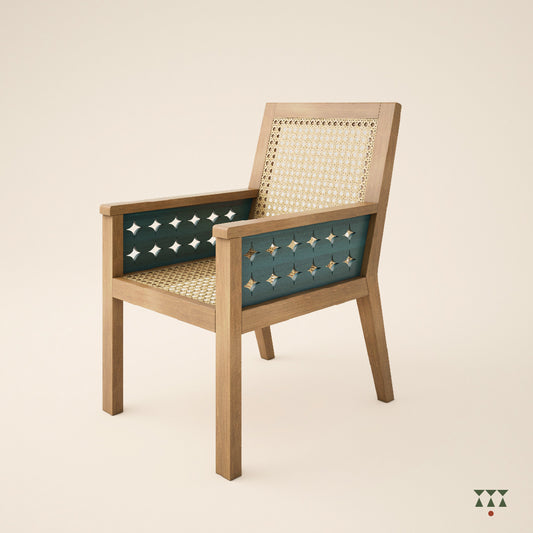 Solid wood armchair with a woven back and seat, and the body tinted in sand brown with the cutwork armrest in a lagoon blue