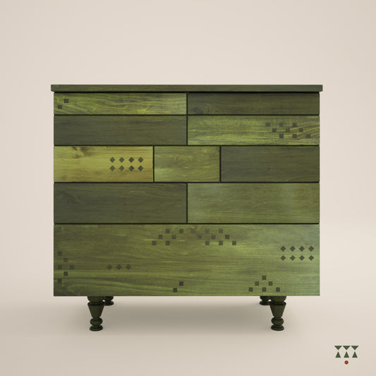 Handmade solid wood chest of drawers with a vibrant facade inspired by Indian textiles, tinted in Moringa & Forest Green