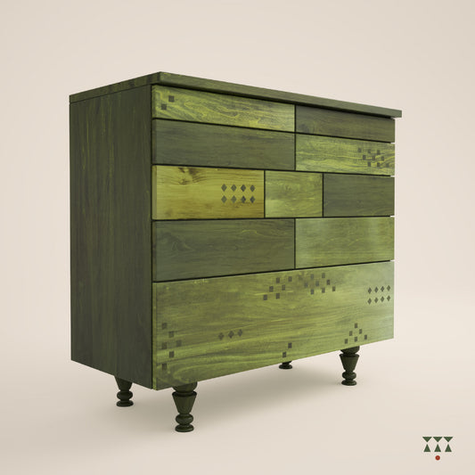 Handmade solid wood chest of drawers with a vibrant facade inspired by Indian textiles, tinted in Moringa & Forest Green