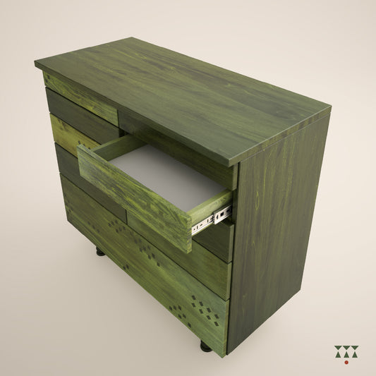 Handmade solid wood chest of drawers with a vibrant facade inspired by Indian textiles, tinted in Moringa & Forest Green