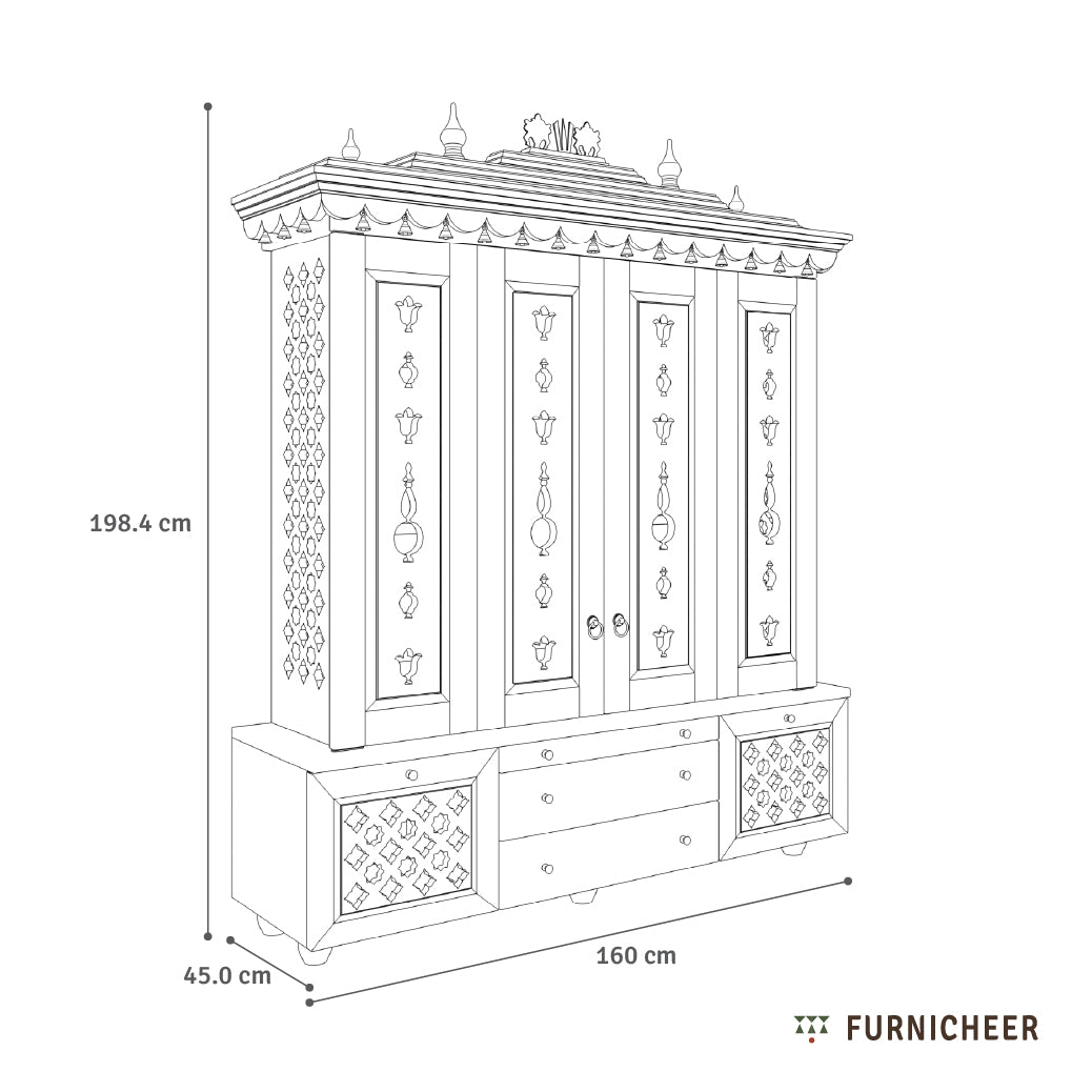 Line drawing of Vikat Temple with dimensions labeled, featuring the brand-Furnicheer