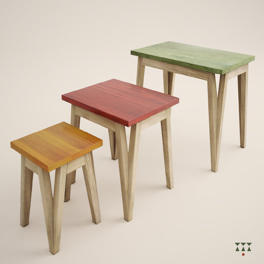 Set of 3 nesting tables in solid wood tinted in Desert Brown with Mustard Yellow, Saffron Orange & Moringa green accents