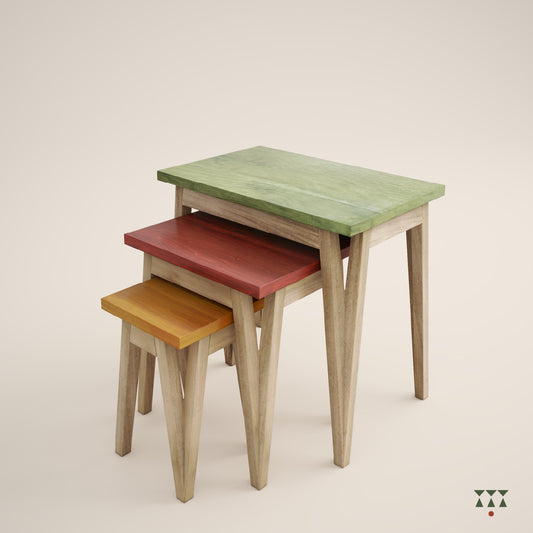 Set of 3 nesting tables in solid wood tinted in Desert Brown with Mustard Yellow, Saffron Orange & Moringa green accents