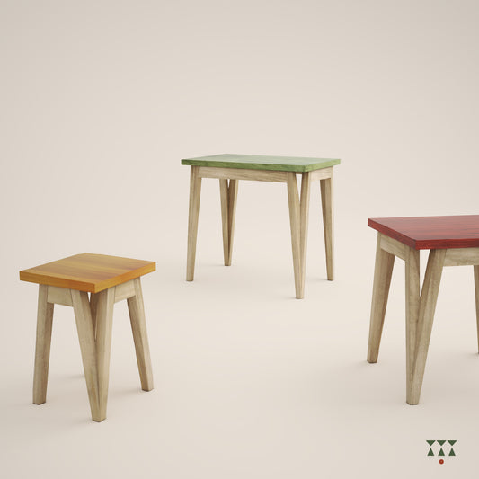 Set of 3 nesting tables in solid wood tinted in Desert Brown with Mustard Yellow, Saffron Orange & Moringa green accents