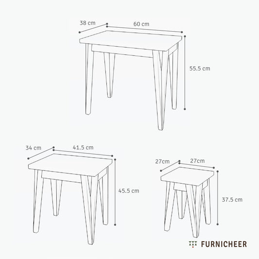 Set of 3 nesting tables handcrafted in solid wood with dimensions