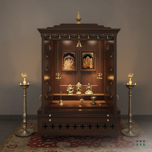Vinayak - Ethnic Wooden Home Temple with Brass Bells and Lamps | Handcrafted Pooja Mandir for Daily Prayers, Hindu Rituals & Spiritual Decor