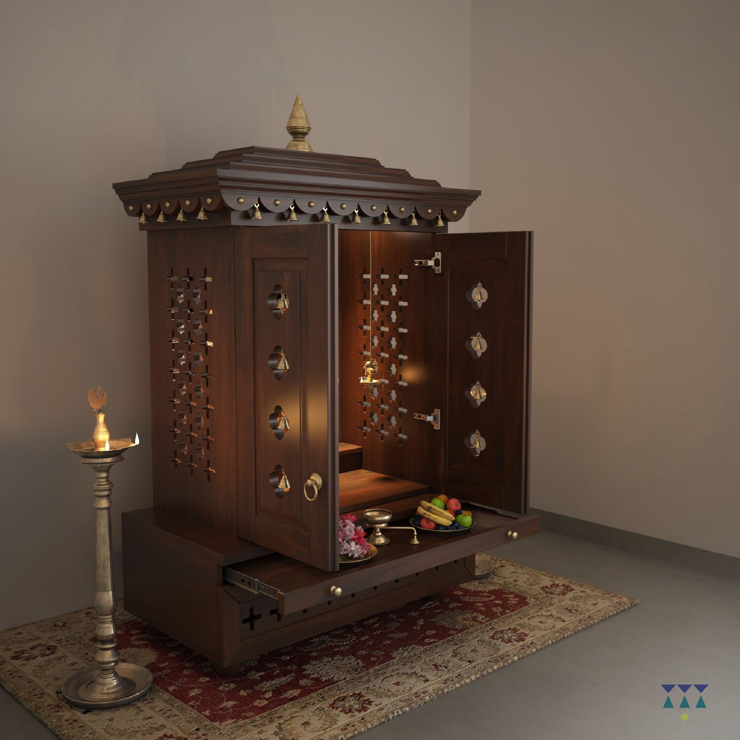 Vinayak - Ethnic Wooden Home Temple with Brass Bells and Lamps | Handcrafted Pooja Mandir for Daily Prayers, Hindu Rituals & Spiritual Decor