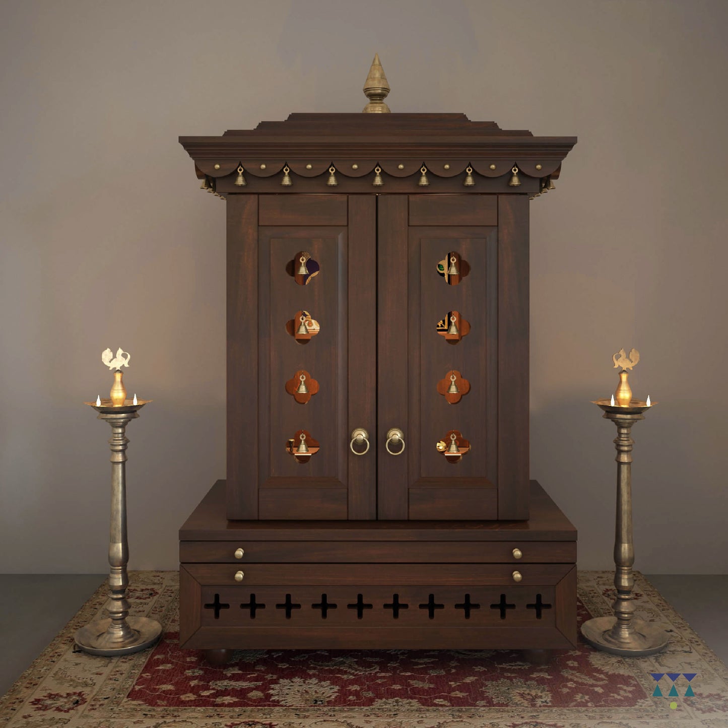 Vinayak - Ethnic Wooden Home Temple with Brass Bells and Lamps | Handcrafted Pooja Mandir for Daily Prayers, Hindu Rituals & Spiritual Decor