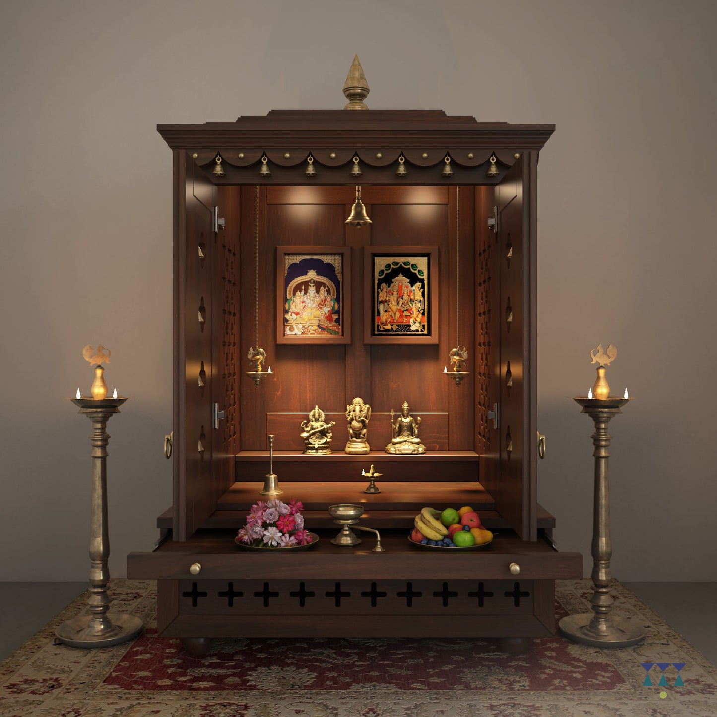 Vinayak - Ethnic Wooden Home Temple with Brass Bells and Lamps | Handcrafted Pooja Mandir for Daily Prayers, Hindu Rituals & Spiritual Decor