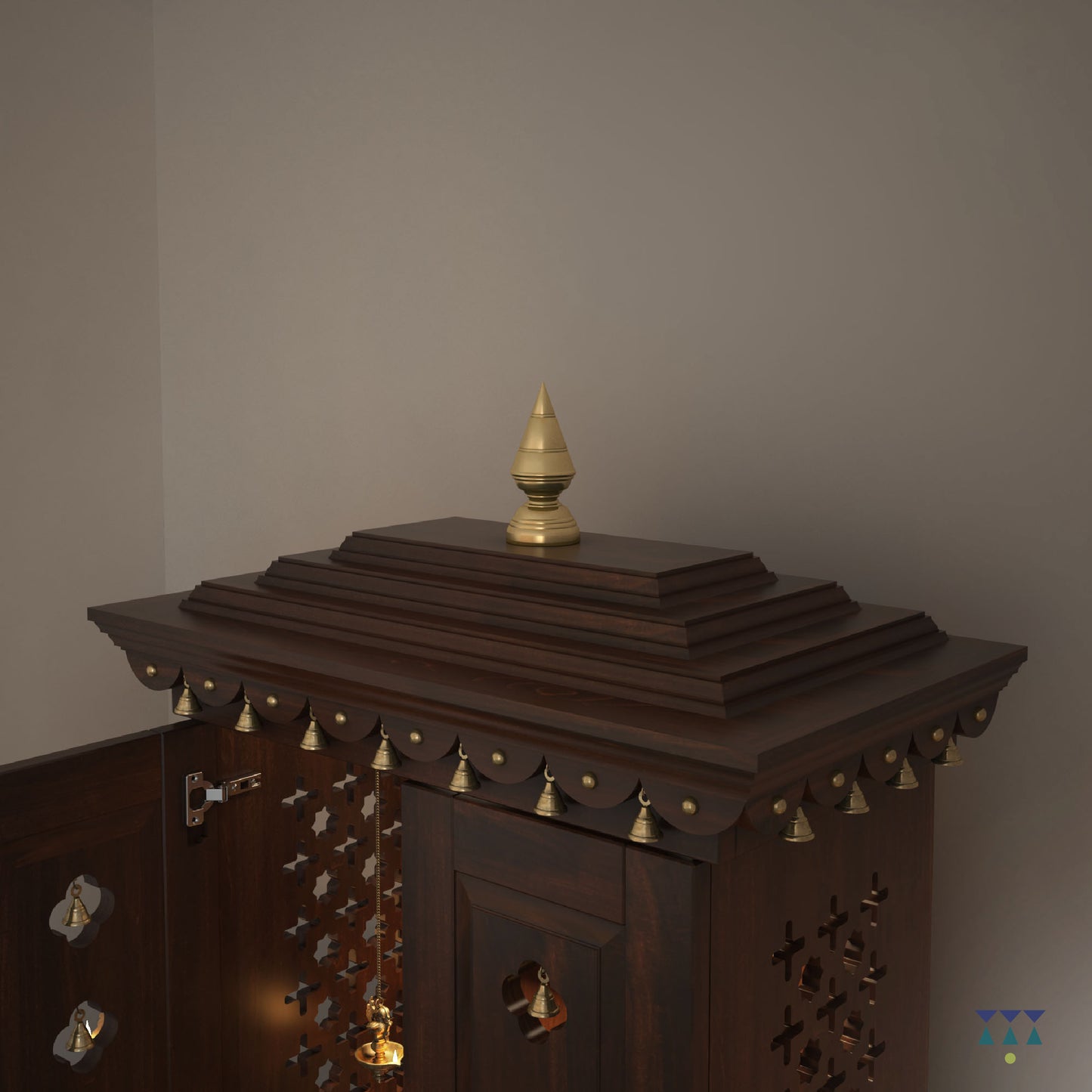 Vinayak - Ethnic Wooden Home Temple with Brass Bells and Lamps | Handcrafted Pooja Mandir for Daily Prayers, Hindu Rituals & Spiritual Decor
