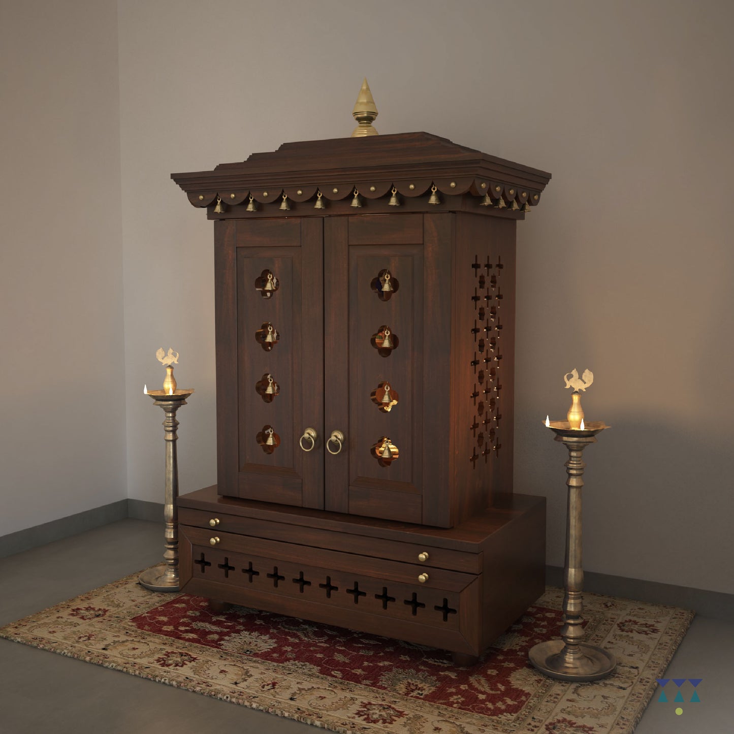 Vinayak - Ethnic Wooden Home Temple with Brass Bells and Lamps | Handcrafted Pooja Mandir for Daily Prayers, Hindu Rituals & Spiritual Decor