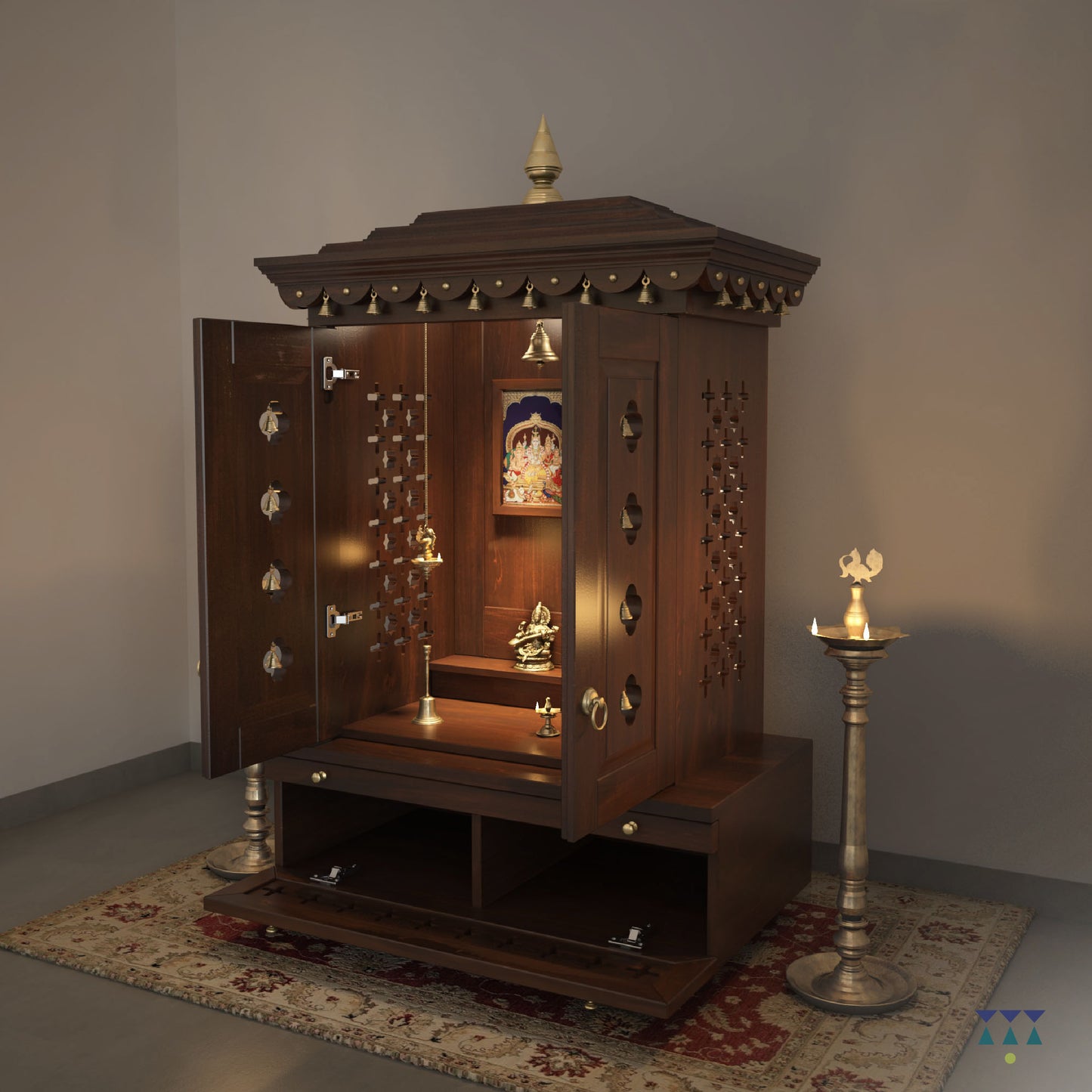 Vinayak - Ethnic Wooden Home Temple with Brass Bells and Lamps | Handcrafted Pooja Mandir for Daily Prayers, Hindu Rituals & Spiritual Decor