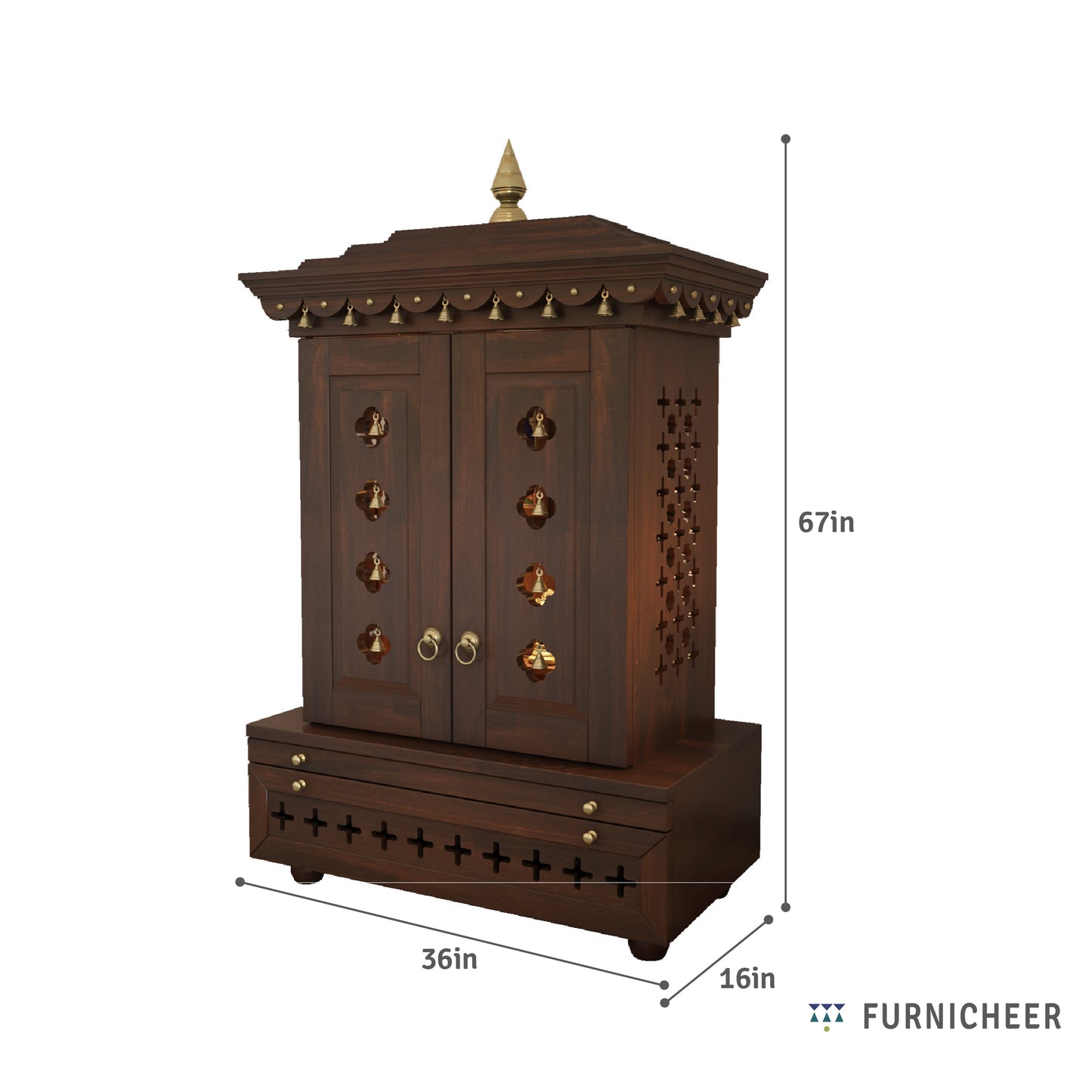Vinayak - Ethnic Wooden Home Temple with Brass Bells and Lamps | Handcrafted Pooja Mandir for Daily Prayers, Hindu Rituals & Spiritual Decor
