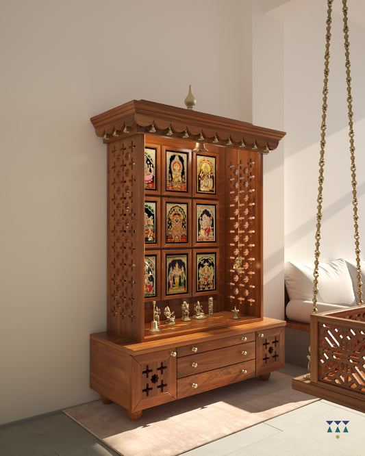 AMOD - Handcrafted wooden  free standing pooja temple for home with storage unit, tray for nevedya & twin drawers in premium cherry brown PU finish