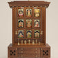 AMOD - Handcrafted wooden  free standing pooja temple for home with storage unit, tray for nevedya & twin drawers in premium cherry brown PU finish
