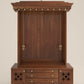 AMOD - Handcrafted wooden  free standing pooja temple for home with storage unit, tray for nevedya & twin drawers in premium cherry brown PU finish